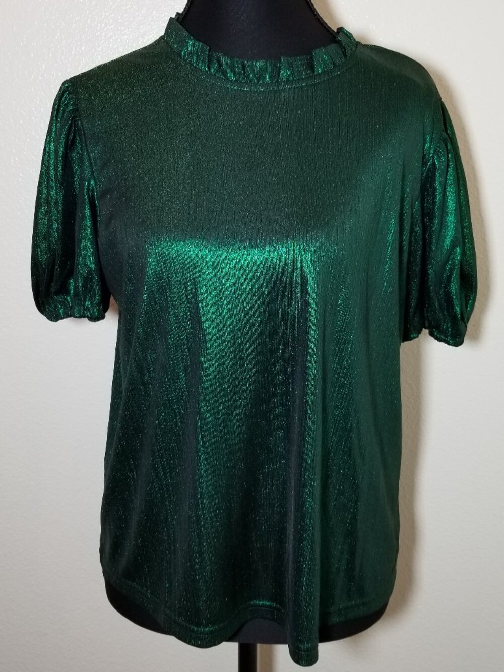Nanette Lepore Womens S Metallic Green Short Puff Sleeve Top Party Retro NWT